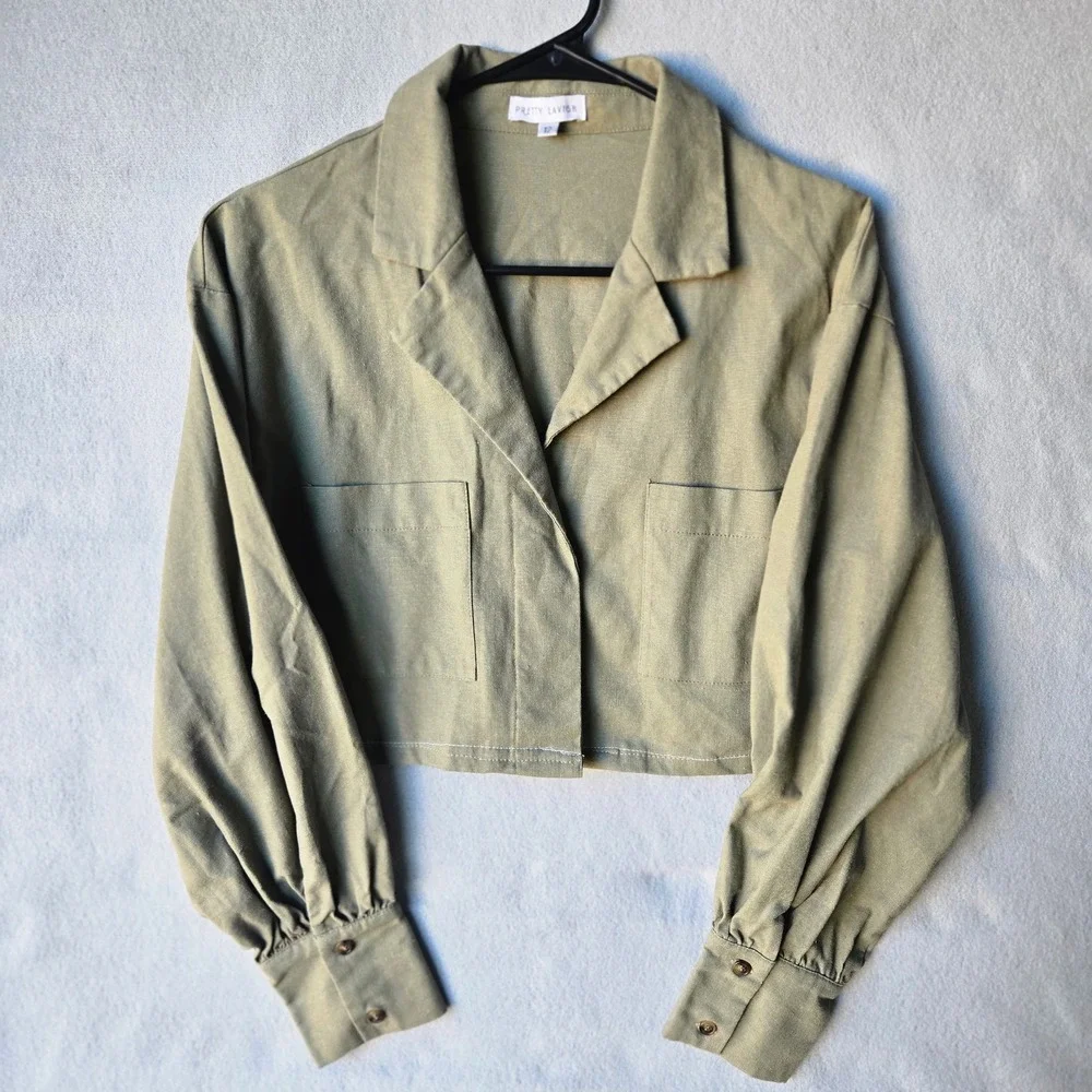 Pretty Lavish Olive Green Linen Blend Cropped Shirt and Shorts Set Size 10‎